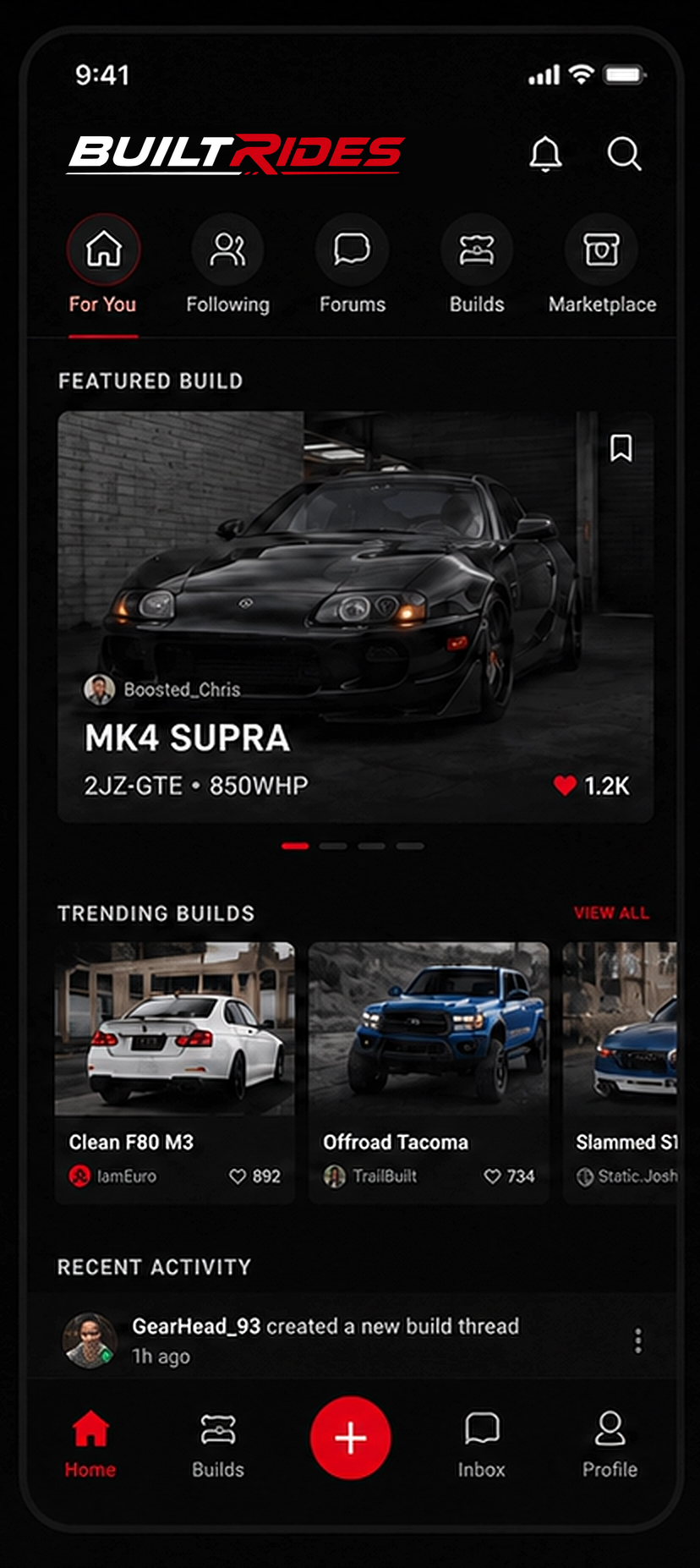 BuiltRides app community feed featuring a modified Toyota Supra and trending vehicle builds