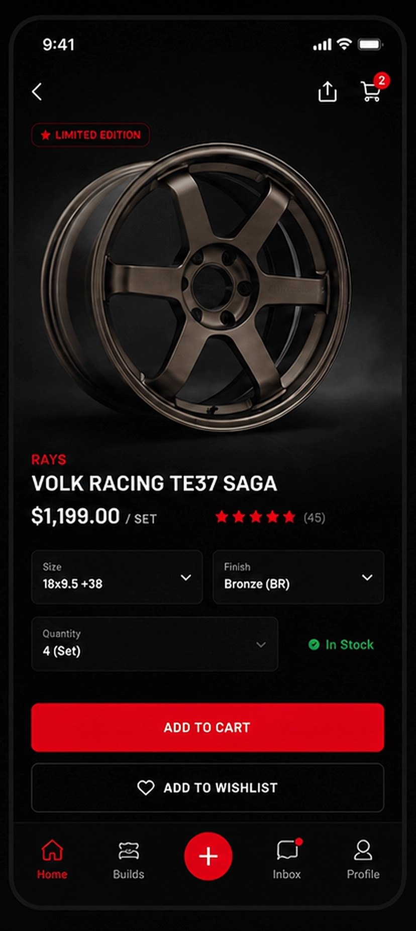 BuiltRides app marketplace page for a bronze Volk Racing wheel