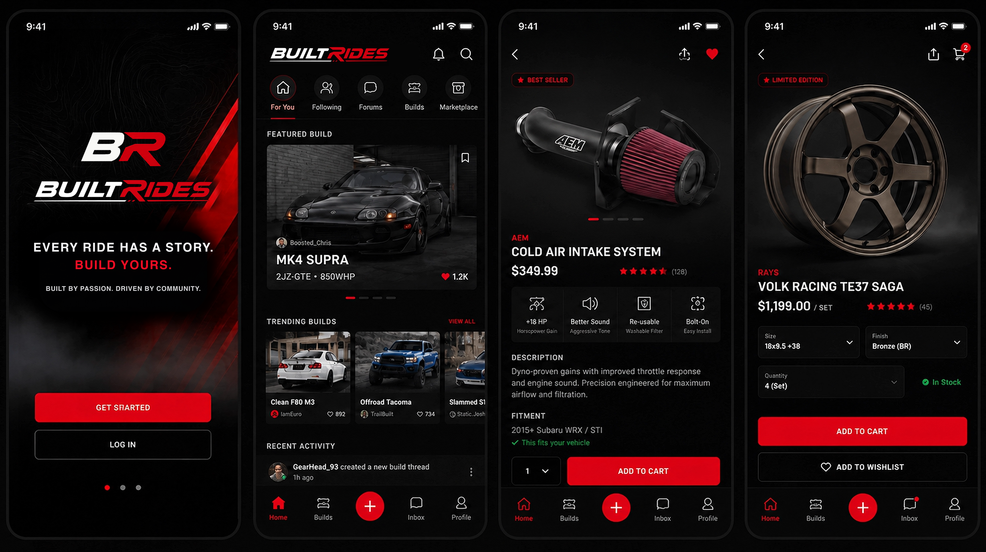Four BuiltRides app screens showing the launch experience, community build feed, performance-part details, and wheel marketplace