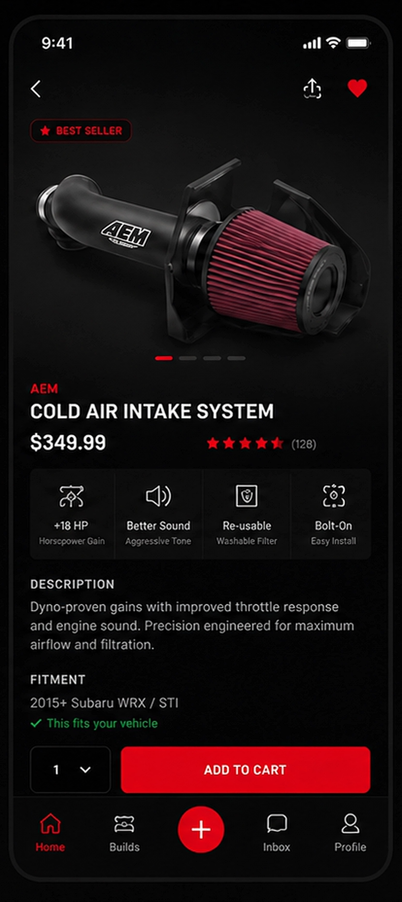 BuiltRides app performance-part page for an AEM cold-air intake